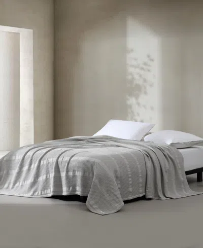 Calvin Klein Waffle Stripe Cotton Blanket, Queen In Light Gray