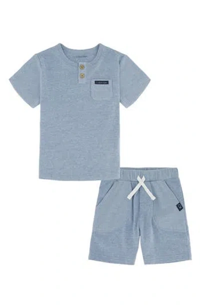 Calvin Klein Babies'  Waffle Trim Henley & Pull-on Shorts Set In Blue