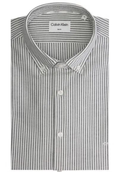 Calvin Klein Washed Oxford Stripe Slim Shirt In Grigio