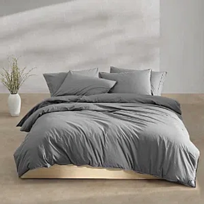 Calvin Klein Washed Percale Cotton Solid 3 Piece Duvet Cover Set, Queen In Dark Grey