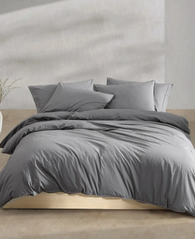 Calvin Klein Washed Percale Cotton Solid 3 Piece Duvet Cover Set, Queen In Dark Gray