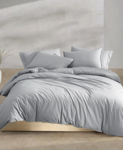 Calvin Klein Washed Percale Cotton Solid 3 Piece Duvet Cover Set, Queen In Gray,blue