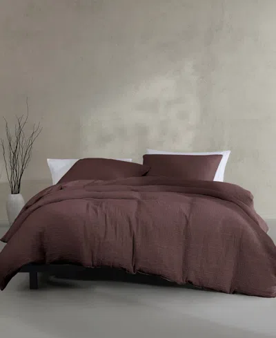 Calvin Klein Washed Percale Cotton Solid 3 Piece Duvet Cover Set, Queen In Brown
