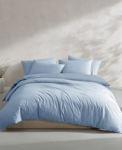 Calvin Klein Washed Percale Cotton Solid 3 Piece Duvet Cover Set, Queen In Chambray Blue