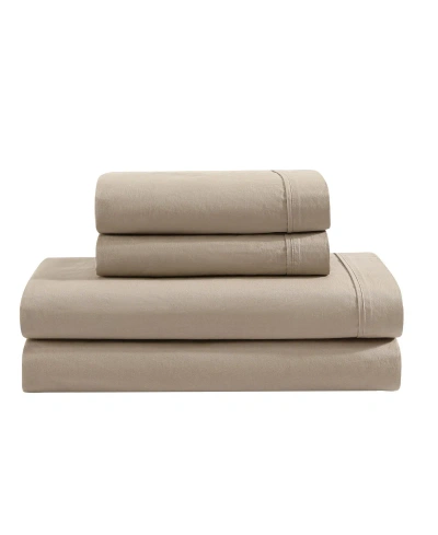 Calvin Klein Washed Percale Cotton Solid 4 Piece Sheet Set, Queen In Camel Brown