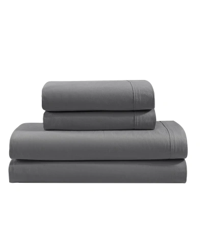 Calvin Klein Washed Percale Cotton Solid 4 Piece Sheet Set, Queen In Dark Gray