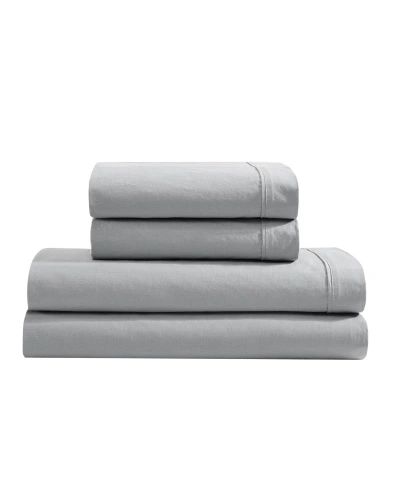 Calvin Klein Washed Percale Cotton Solid 4 Piece Sheet Set, Queen In Gray,blue