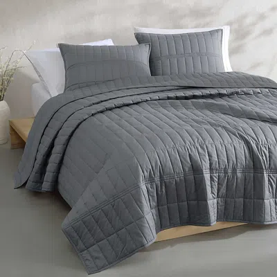 Calvin Klein Washed Percale Solid 3 Piece Quilt Set, Queen In Gray