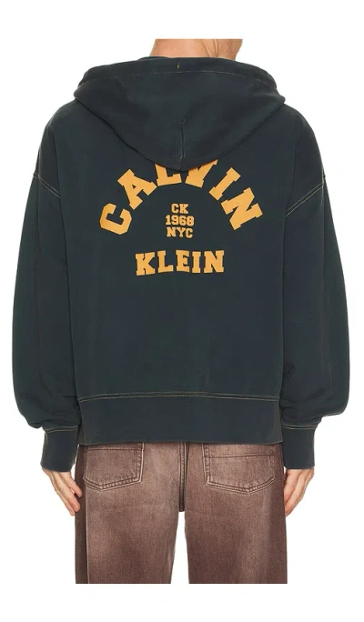Calvin Klein Washed Premium Vintage Logo Zip Hoodie In Blue