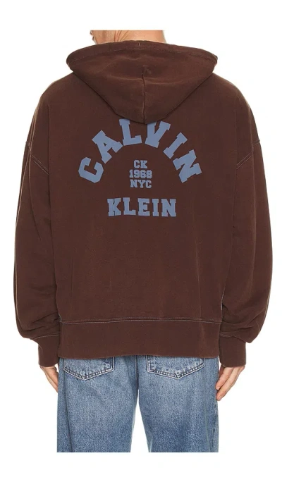 Calvin Klein Washed Premium Vintage Logo Zip Hoodie In Brown