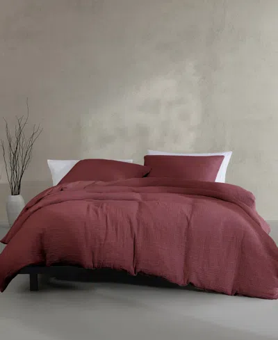 Calvin Klein Washed Texture Solid Cotton Jacquard 3 Piece Duvet Cover Set, Queen In Burgundy