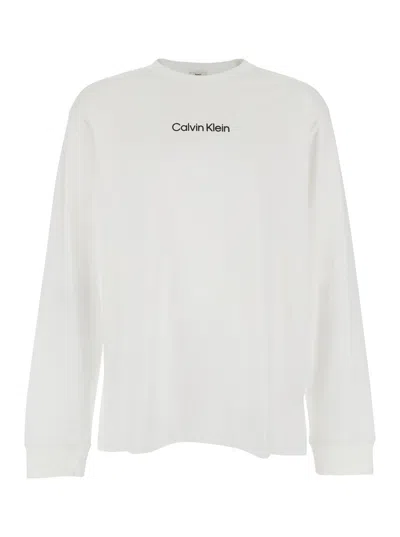 Calvin Klein White Crew-neck Shirt With Long Sleeves And Logo On The Front In Cotton Man