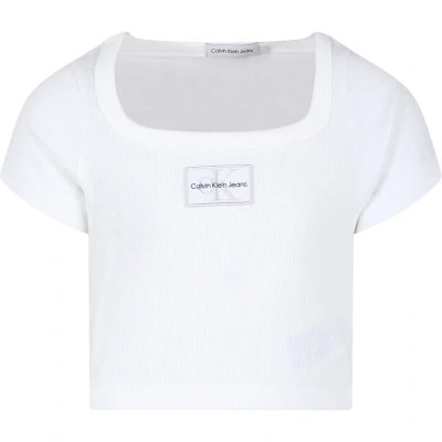 Calvin Klein Kids' White Crop T-shirt For Girl With Logo