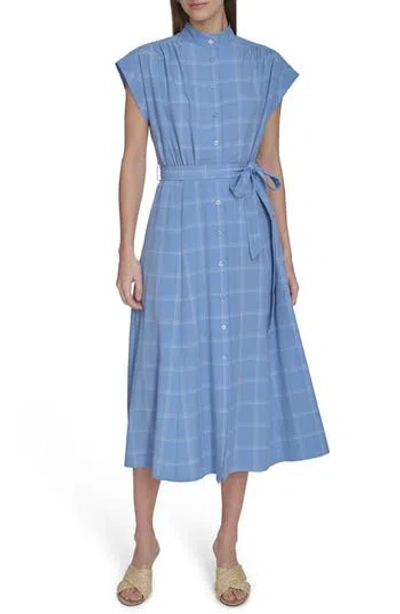 Calvin Klein Windowpane Plaid Cap Sleeve Midi Shirtdress In Bayou White