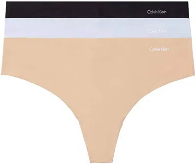 Calvin Klein Women's 3 Pack Invisibles Thong Panties In Amethyst Cream/light Caramel/black In Multi