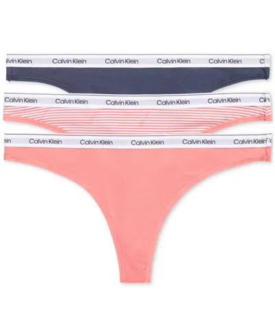 Calvin Klein Women's 3-pk. Modern Logo Low-rise Thong Underwear Qd5209 In Calypso Coral,speakeasy,sophie Stripecal