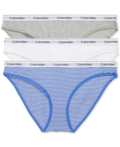 Calvin Klein Women's 3-pk. Modern Logo Low-rise Bikini Underwear Qd5207 In Sophie Stripedazzling Blue,white,grey He