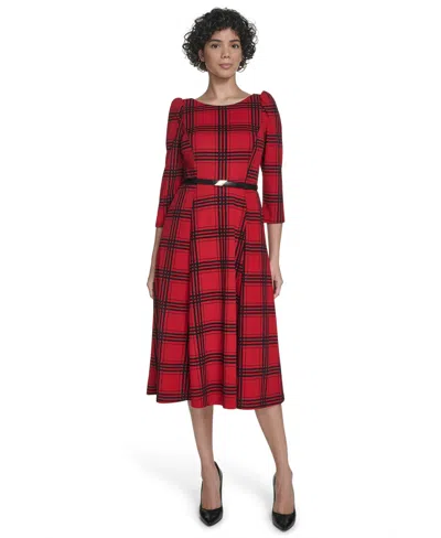 Calvin Klein Women's 3/4-sleeve Plaid Midi Dress In Purple
