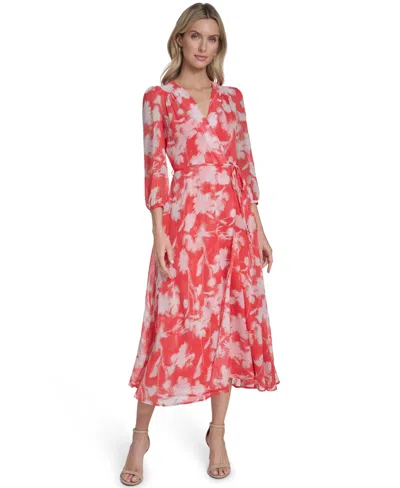 Calvin Klein Women's 3/4-sleeve V-neck Midi Dress In Red