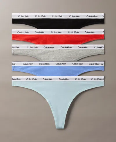 Calvin Klein Women's 5-pk. Modern Logo Low-rise Thong Underwear Qd5221 In Black,grey Heather,sterling Blue,glacier