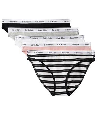 Calvin Klein Women's 5-pack. Modern Logo Low-rise Bikini Underwear Qd5208 In Black,classic White,triple Stripe Small