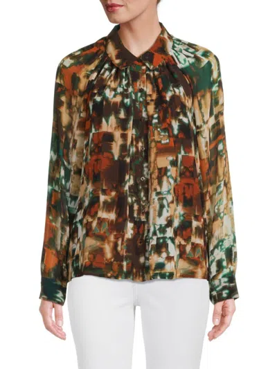 Calvin Klein Women's Abstract Button Down Shirt In Tan Multi
