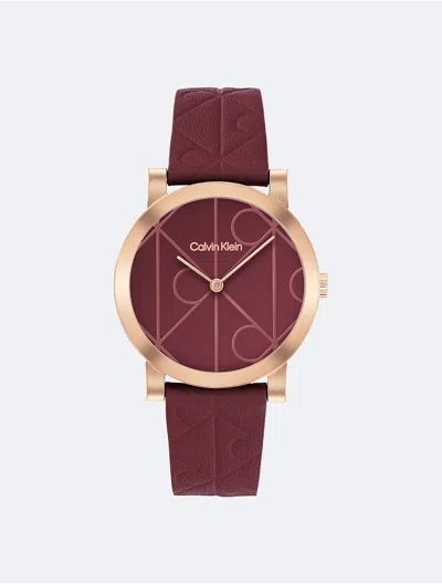 Calvin Klein Women's Allover Emblem Dial Leather Strap Watch In Burgundy