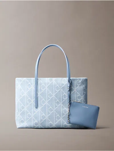 Calvin Klein Women's Allover Emblem Logo Denim Small Tote Bag