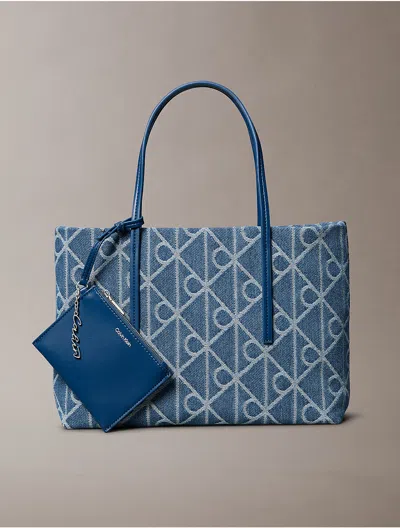 Calvin Klein Women's Allover Emblem Logo Denim Small Tote Bag