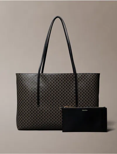 Calvin Klein Women's Allover Monogram Logo Tote Bag With Pouch In Black