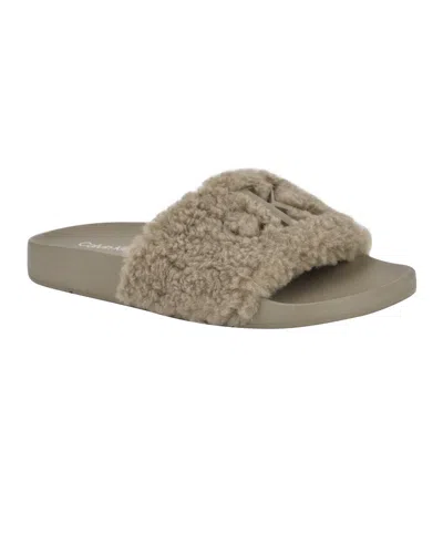 Calvin Klein Women's Amaya Fuzzy Slide Sandals In Brindle