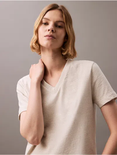 Calvin Klein Women's Archive Logo V-neck T-shirt In Vanilla Heather