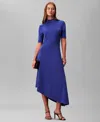 Calvin Klein Women's Asymmetric Drape Short Sleeve Midi Dress In Blue