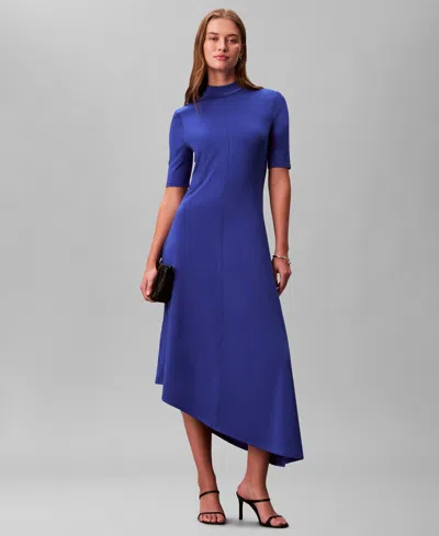 Calvin Klein Women's Asymmetric Drape Short Sleeve Midi Dress In Blue