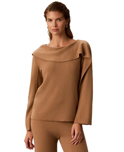 Calvin Klein Women's Asymmetrical Drape Boat Neck Long-sleeve Sweater In Brown