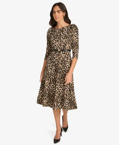 Calvin Klein Women's Belted Animal Midi Dress In Brown