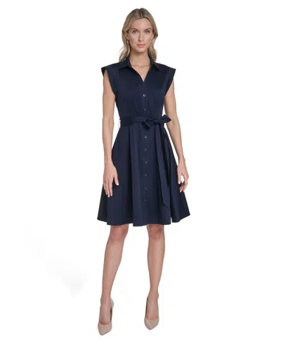 Calvin Klein Women's Belted Button-front Collared Fit-and-flare Dress In Blue