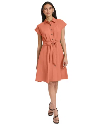 Calvin Klein Women's Belted Cap-sleeve Shirtdress In Melon