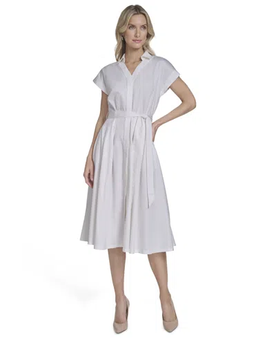 Calvin Klein Women's Belted Cap-sleeve Collared Midi Shirtdress In White