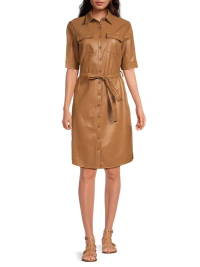 Calvin Klein Women's Belted Faux Leather Shirtdress In Luggage Brown