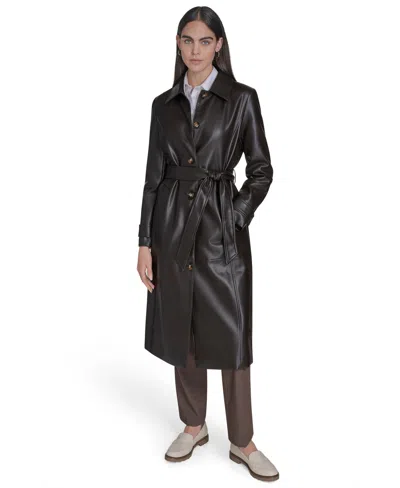 Calvin Klein Women's Belted Faux-leather Trench Coat In Black