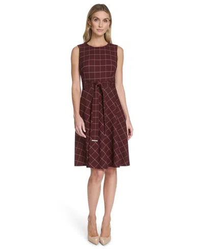 Calvin Klein Women's Belted Fit And Flare Short Dress In Burgundy