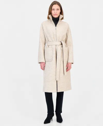Calvin Klein Women's Belted Knit-collar Textured Coat In Neutral