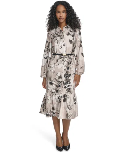 Calvin Klein Women's Belted Long-sleeve Shirt Dress In Multi