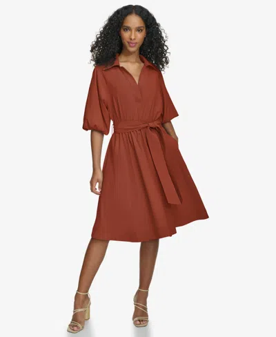 Calvin Klein Women's Belted Puffed-sleeve Shirtdress In Brown