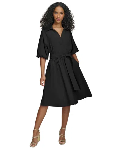 Calvin Klein Women's Belted Puffed-sleeve Shirtdress In Black