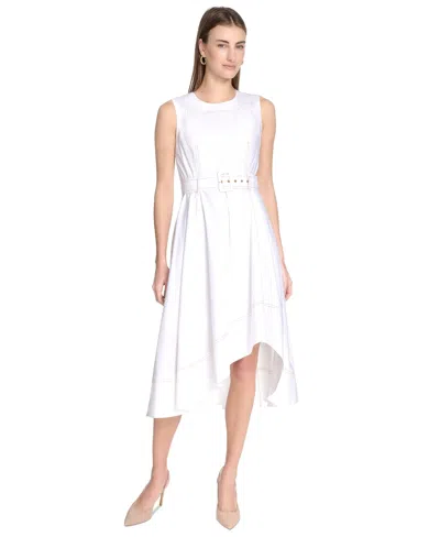 Calvin Klein Women's Belted Sleeveless Asymmetric-hem Dress In White