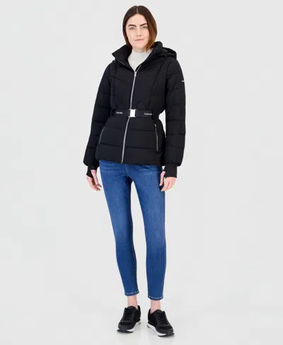 Calvin Klein Women's Belted Thumbhole Cuff Puffer Coat In Blue