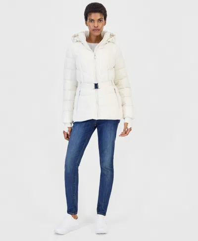Calvin Klein Women's Belted Thumbhole Cuff Puffer Coat In White