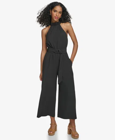 Calvin Klein Women's Belter Halter-neck Straight-leg Jumpsuit In Black